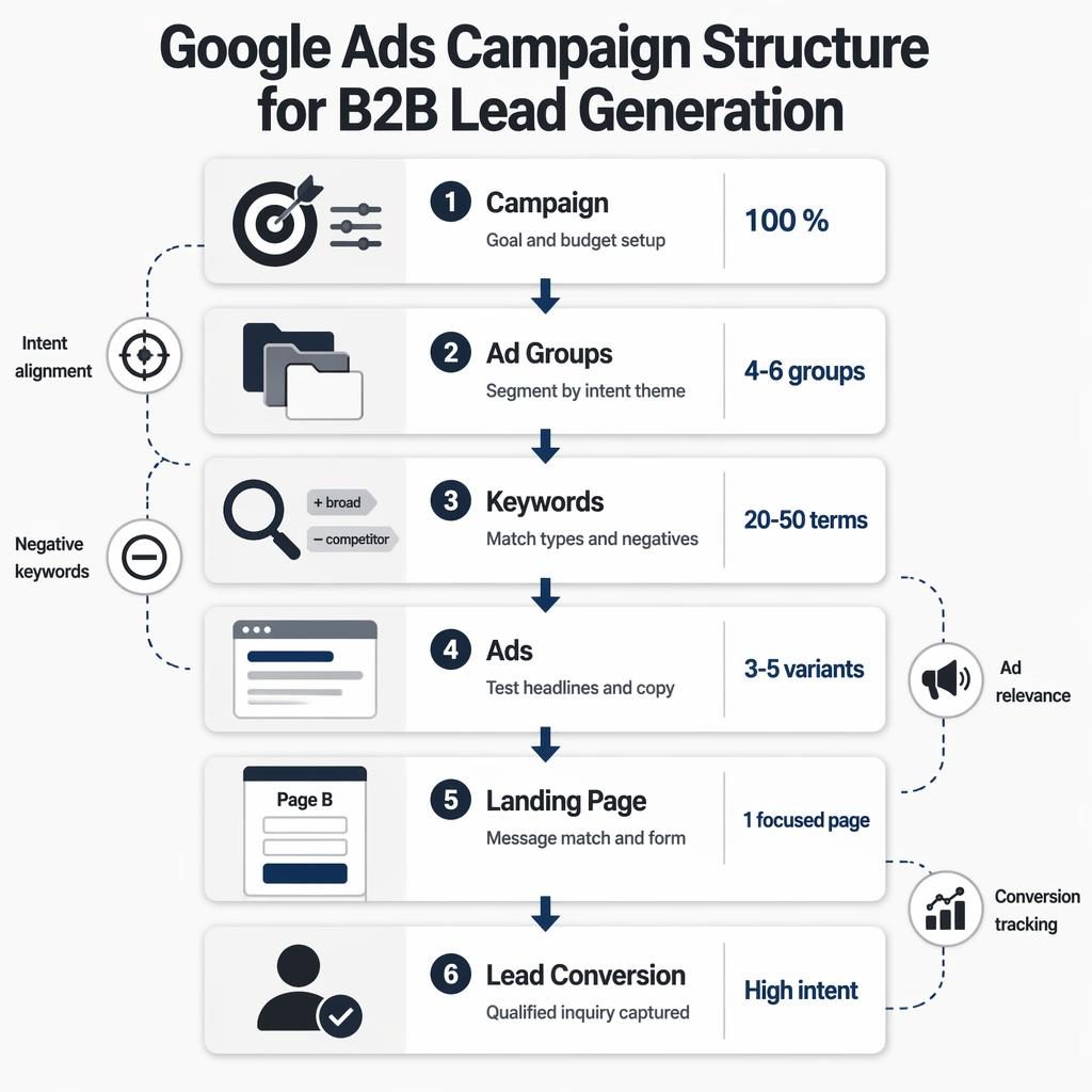 Monochrome B2B Google Ads funnel optimization infographic with 6 stages, arrows, UI cards, icons, metrics, and side notes.