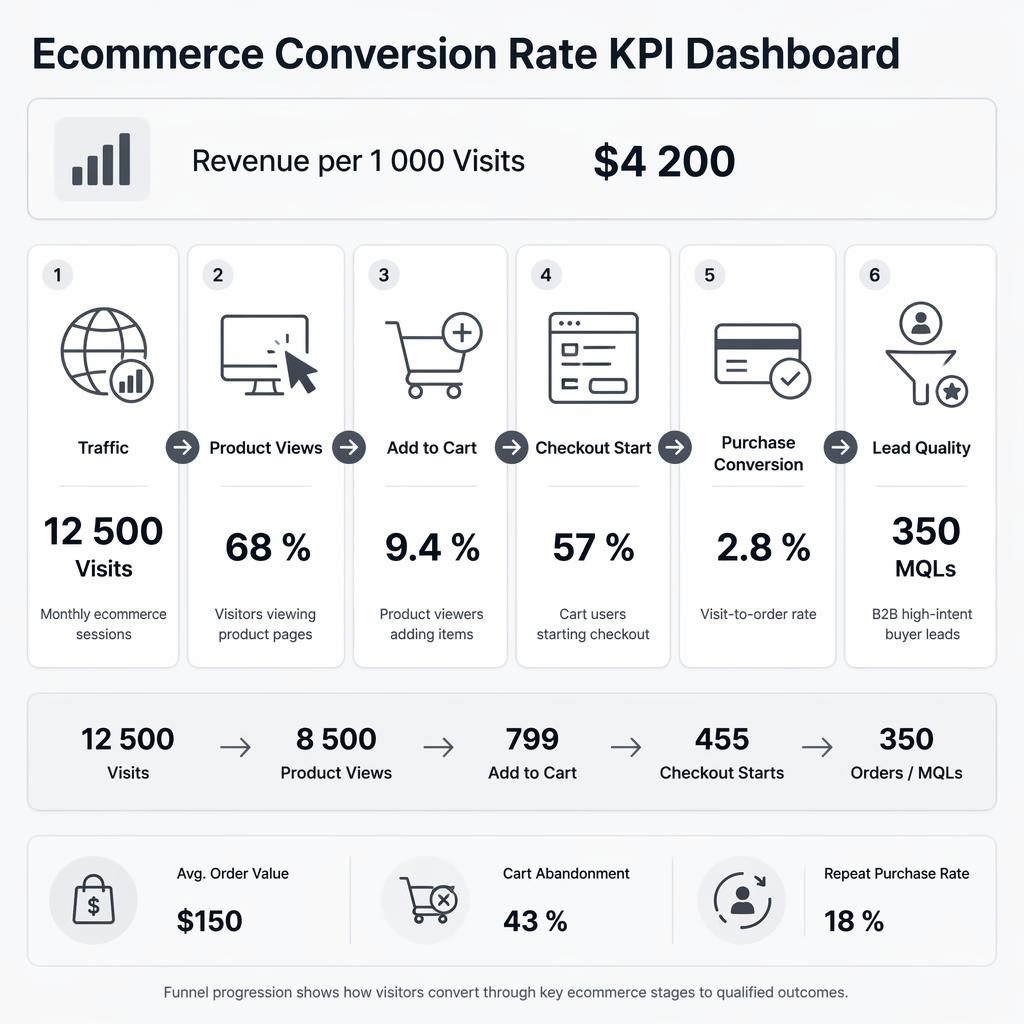 Monochrome ecommerce KPI dashboard infographic with six metric cards, top revenue strip, micro-metrics, and flow arrows.