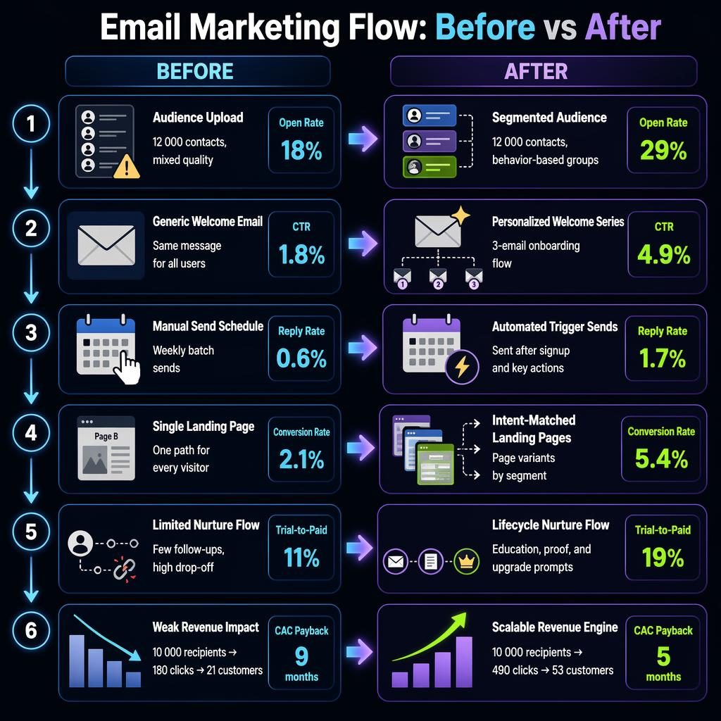 Split-screen email marketing infographic comparing Before vs After across 6 rows with metrics, icons, arrows, and neon SaaS styling.