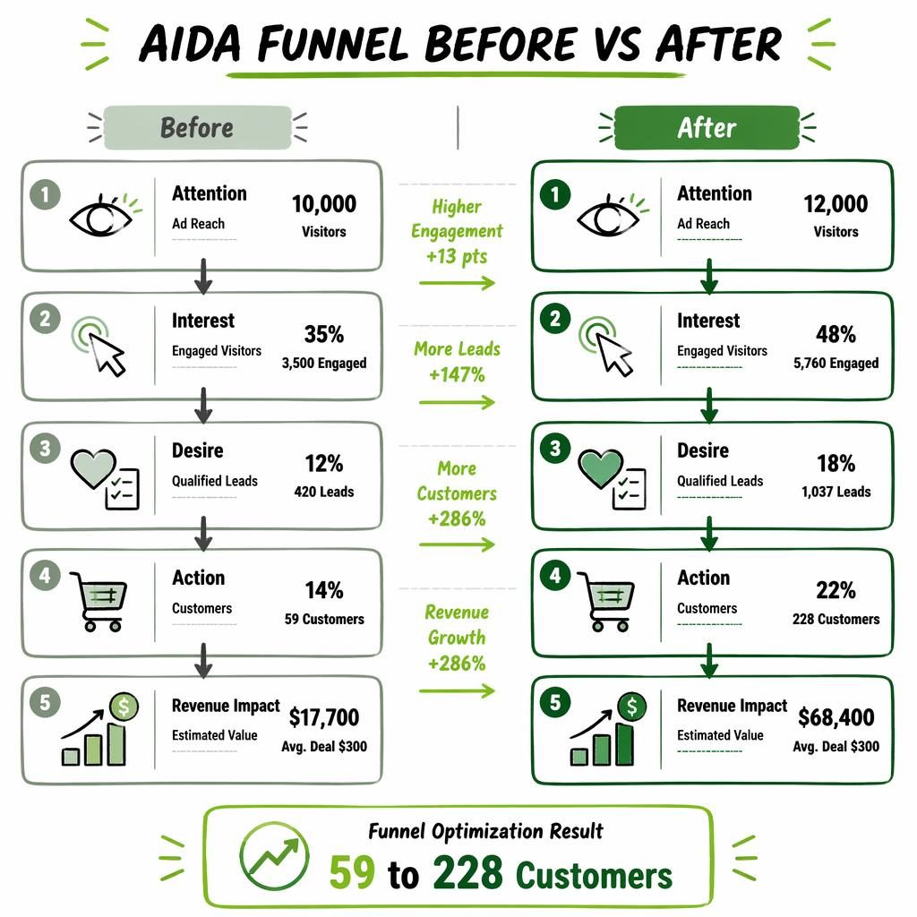 Side-by-side AIDA funnel infographic showing Before vs After metrics, green growth arrows, five stages, and revenue uplift.