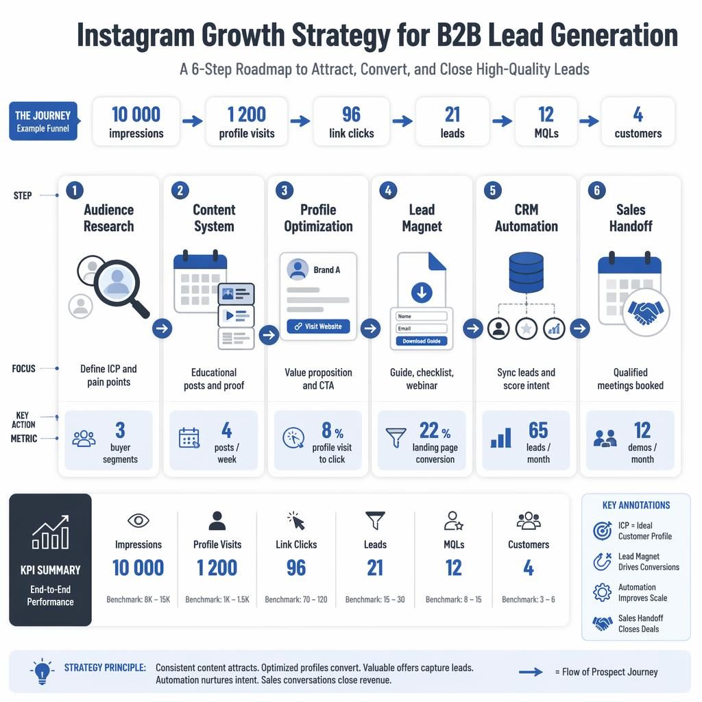 Monochrome infographic showing a 6-step customer path roadmap for Instagram B2B lead generation with metrics and arrows.
