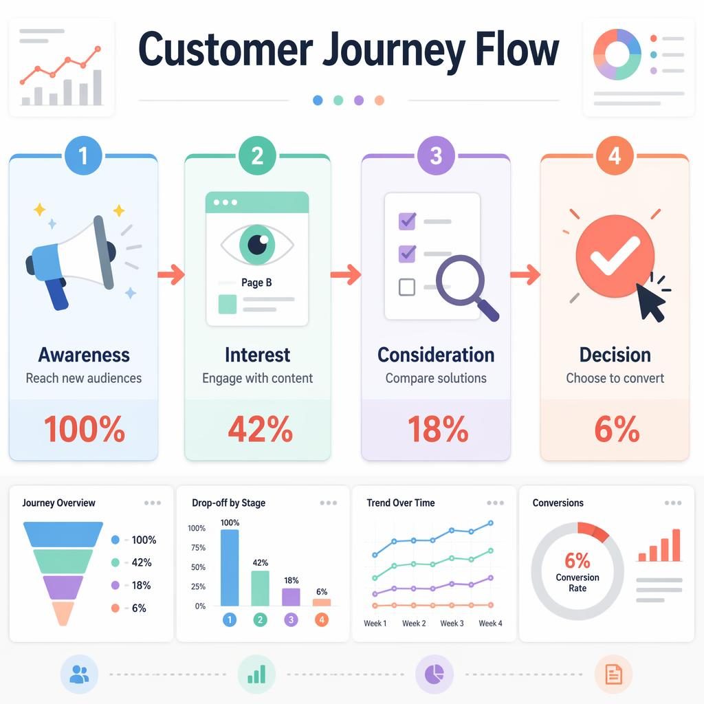 Flat infographic with 4 connected stages: Awareness, Interest, Consideration, Decision, with icons, metrics, arrows.