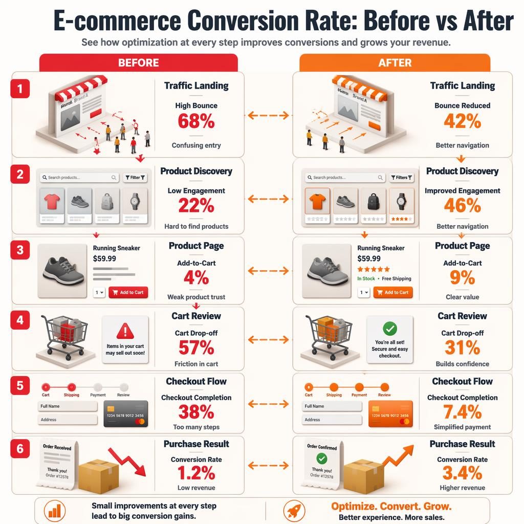Isometric 3D infographic comparing before vs after e-commerce conversion paths across 6 stages with arrows and metrics.