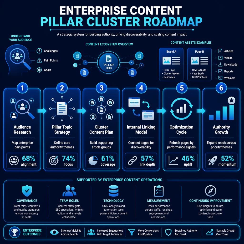 Horizontal enterprise roadmap infographic with 6 blue-cyan blocks, arrows, metrics, and flat icons on a dark navy background.