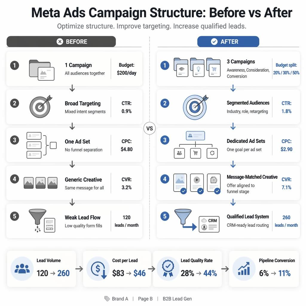 Modern infographic comparing Meta Ads campaign structure before vs after with two vertical panels and KPI summary cards.