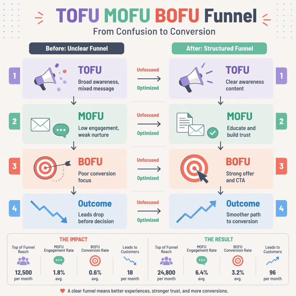 Split infographic comparing Before and After TOFU MOFU BOFU funnel stages with stacked blocks, icons, arrows, and outcomes.