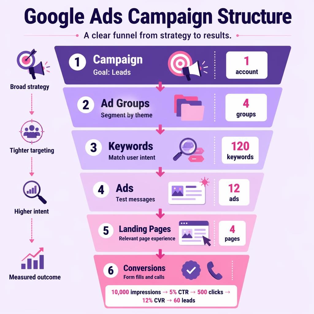Vertical funnel embudo infographic showing 6 Google Ads campaign stages with arrows, metrics, icons, and purple pink panels.