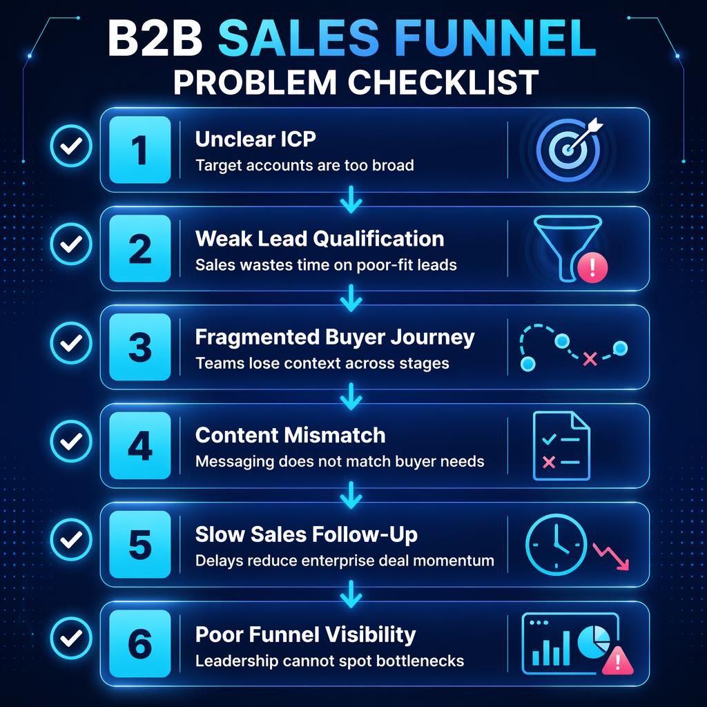 Vertical B2B sales funnel checklist infographic with 6 glowing blocks, arrows, icons, blue-cyan gradient, and navy background.