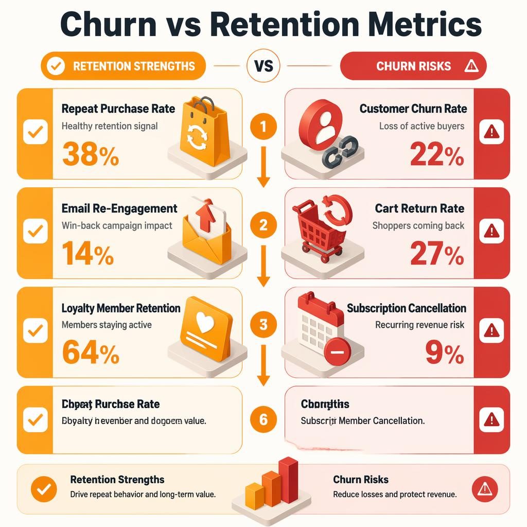 Vertical martech infographic with 6 checklist blocks comparing churn and retention metrics for an e-commerce store.