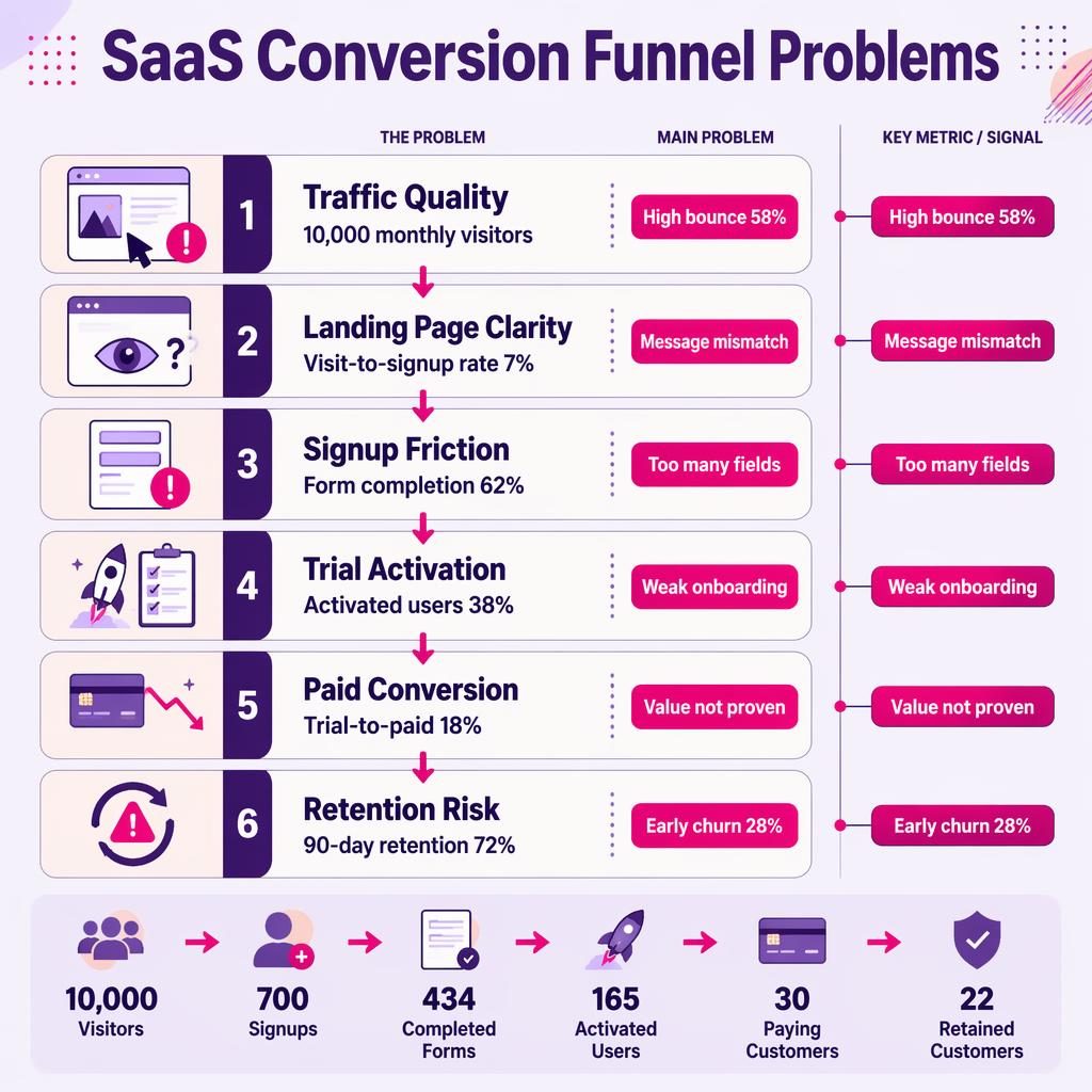 Vertical SaaS funnel infographic with 6 checklist blocks, arrows, metrics column, and purple-pink editorial design.