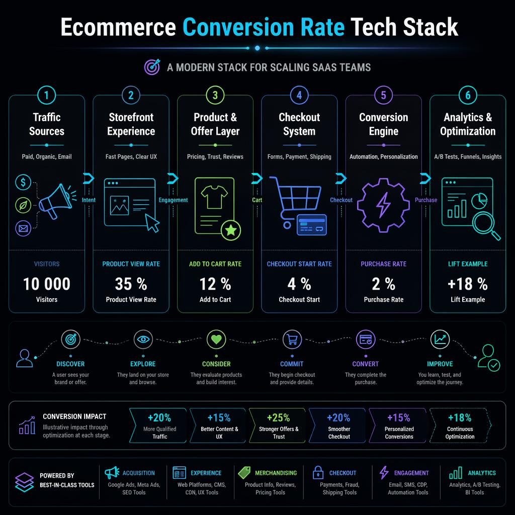 Dark horizontal tech stack infographic with 6 ecommerce conversion blocks, neon arrows, metrics, icons, and analytics panel.