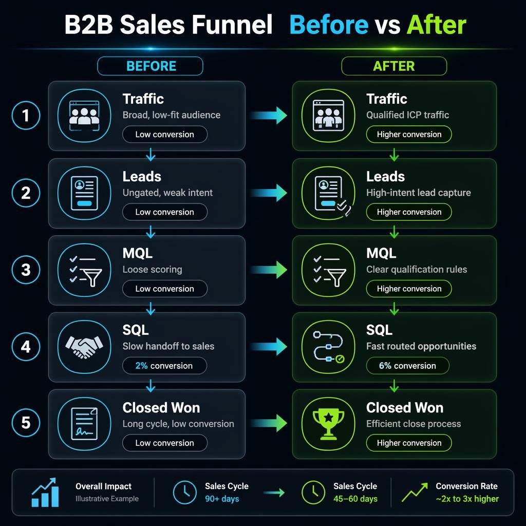 Moderne Split-Screen-Infografik im Dark Mode zum B2B-Sales-Funnel Before vs After mit 5 Vergleichsblöcken und Neon-Akzenten.