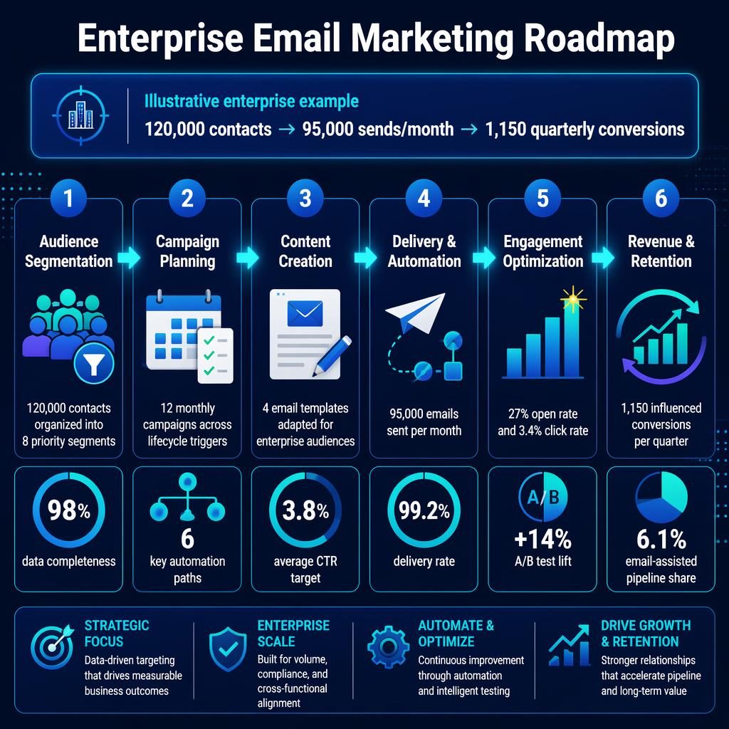 Horizontal enterprise email marketing roadmap infographic with 6 glowing stages, metrics, arrows, and blue cyan cards.