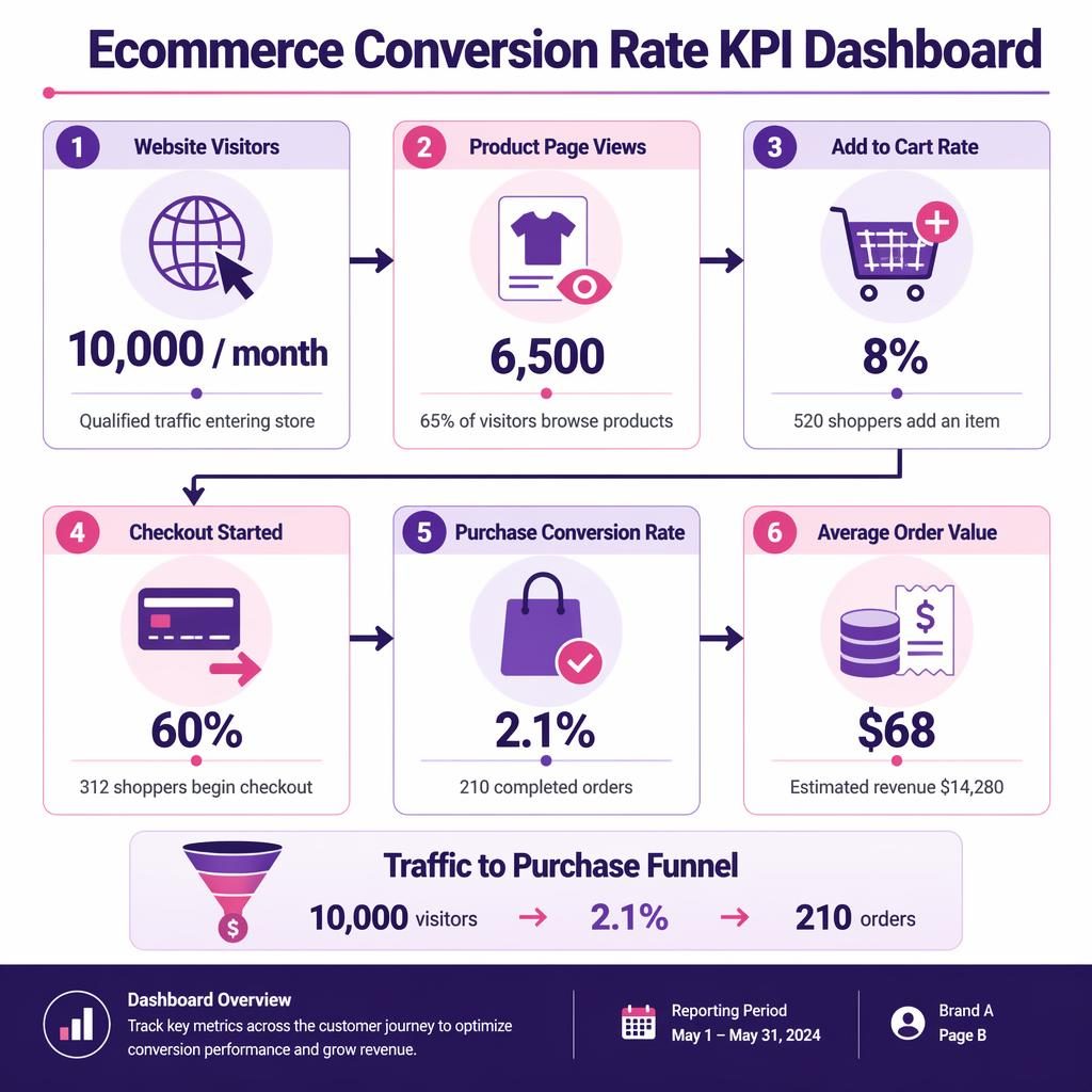 Editorial ecommerce KPI dashboard infographic with 6 metric cards, flow arrows, purple-pink accents, and funnel summary.