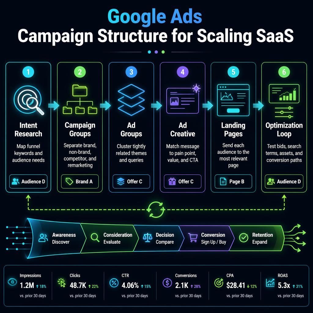 Dark-mode SaaS infographic with 6 Google Ads journey stages, arrows, neon cyan and green accents, and flat icons.