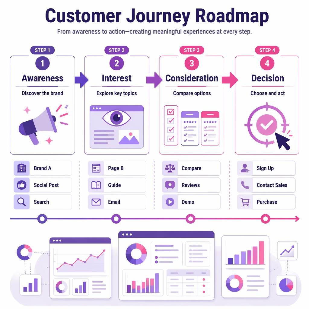 Horizontal customer journey roadmap infographic with 4 stages, arrows, icons, and purple pink dashboard-style accents