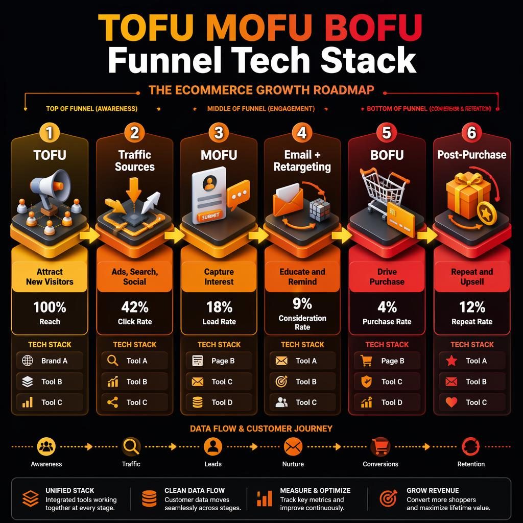 Isometric 3D infographic with 6 funnel tech stack blocks from TOFU to post-purchase, linked by arrows and metrics.