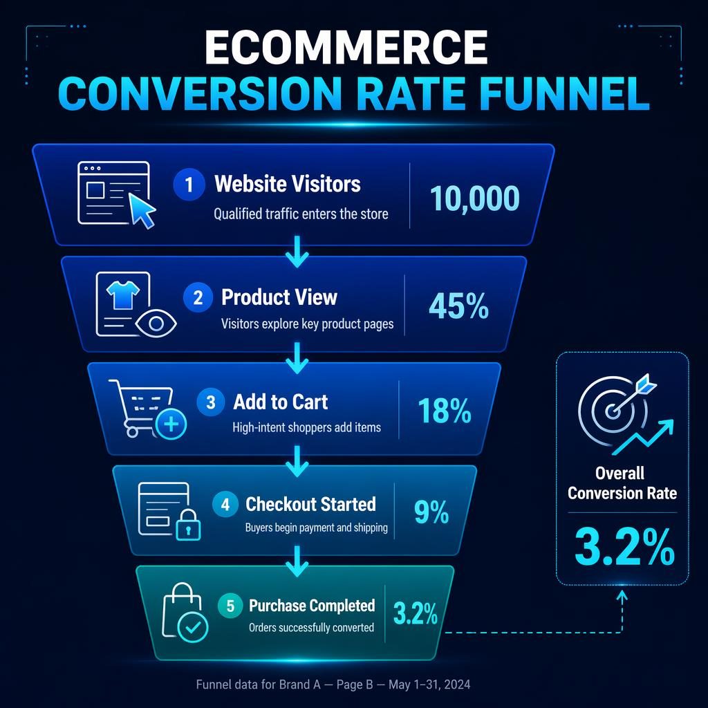 Vertical ecommerce conversion funnel infographic with 5 labeled stages, arrows, metrics, and a 3.2% overall rate callout.
