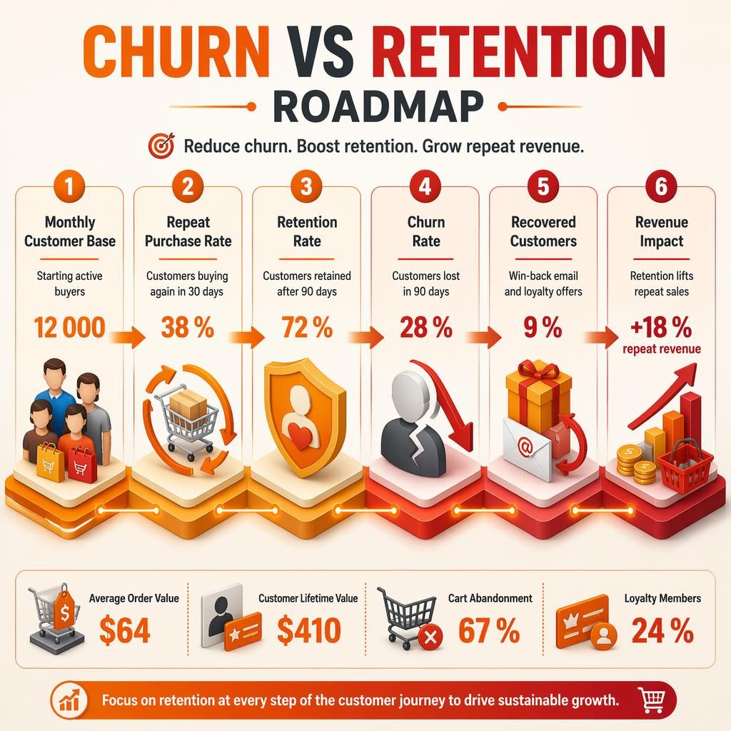 Isometric e-commerce infographic with 6 roadmap blocks showing churn, retention, repeat purchase, recovery, and revenue metrics.