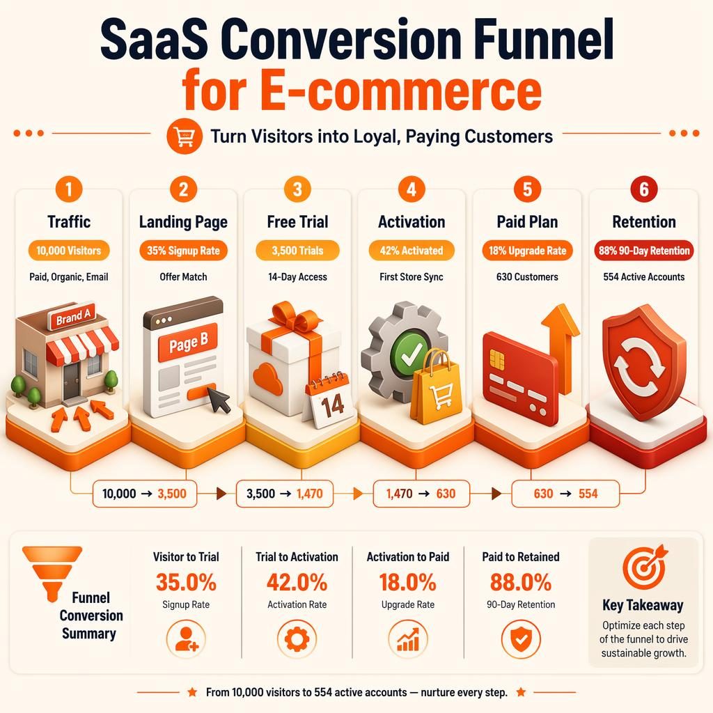 Isometric 3D infographic showing a 6-step SaaS conversion funnel for e-commerce with metrics, arrows, and orange blocks.