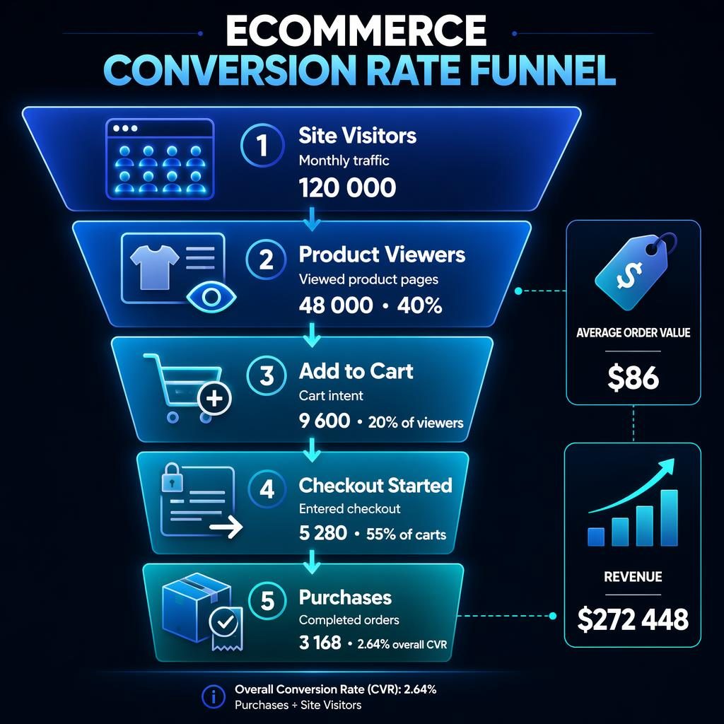 Vertical ecommerce conversion funnel infographic with 5 stages, KPI callouts, blue-cyan glow, navy background, sharp metrics.