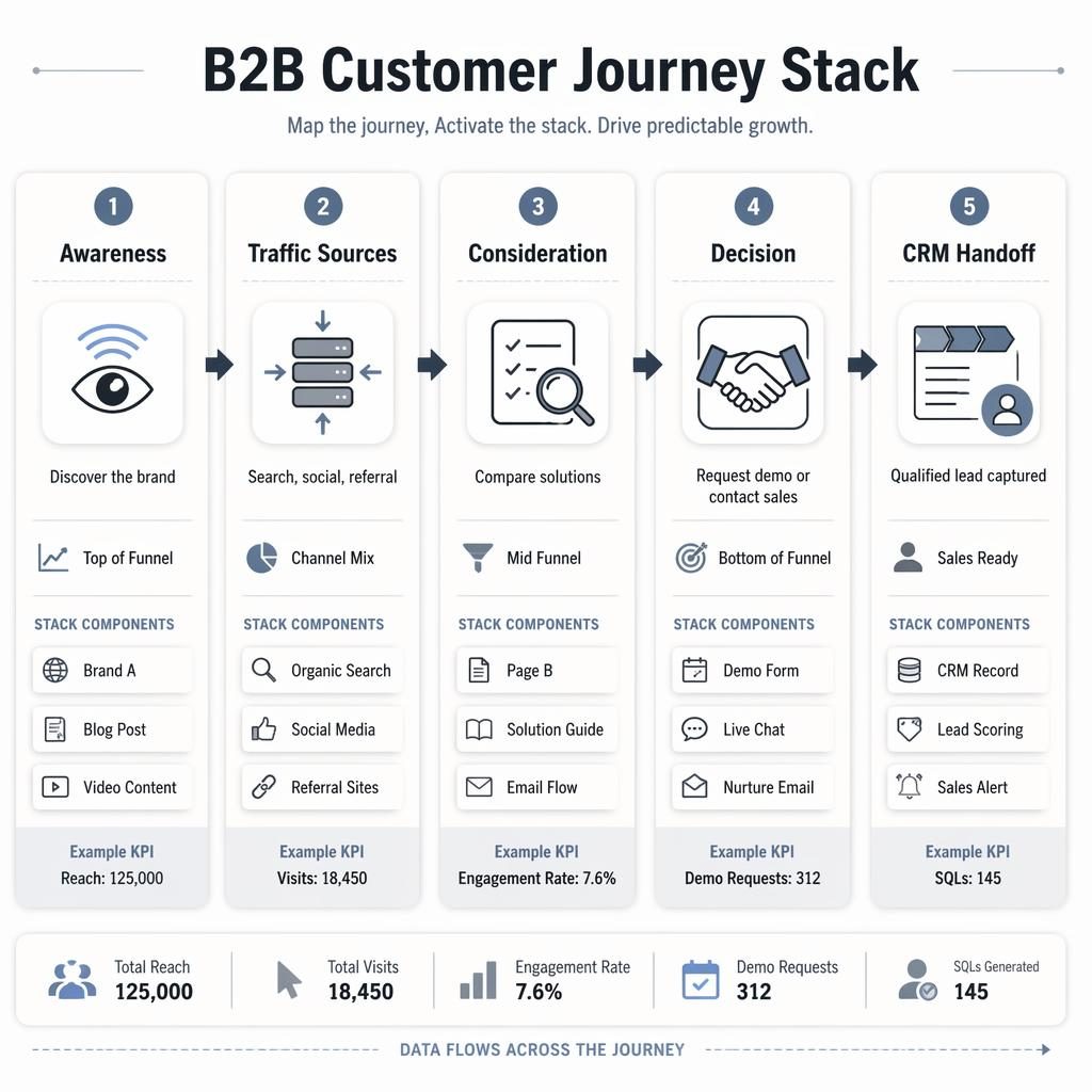 Horizontal B2B customer journey stack infographic with 5 connected stages, soft UI cards, arrows, icons, and English labels.