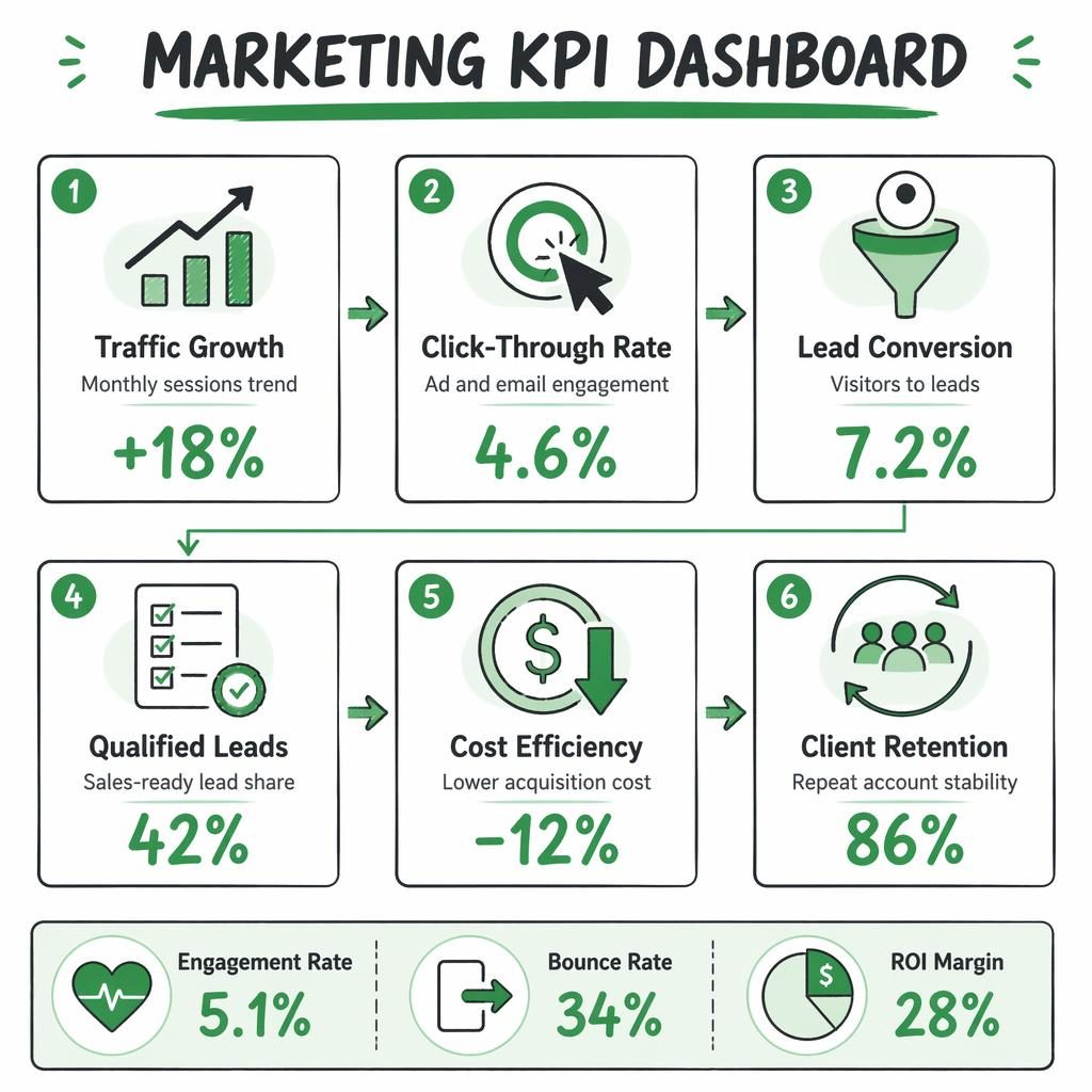 Whiteboard-style marketing KPI dashboard infographic with 6 metric blocks, flow arrows, and 3 bottom summary indicators.