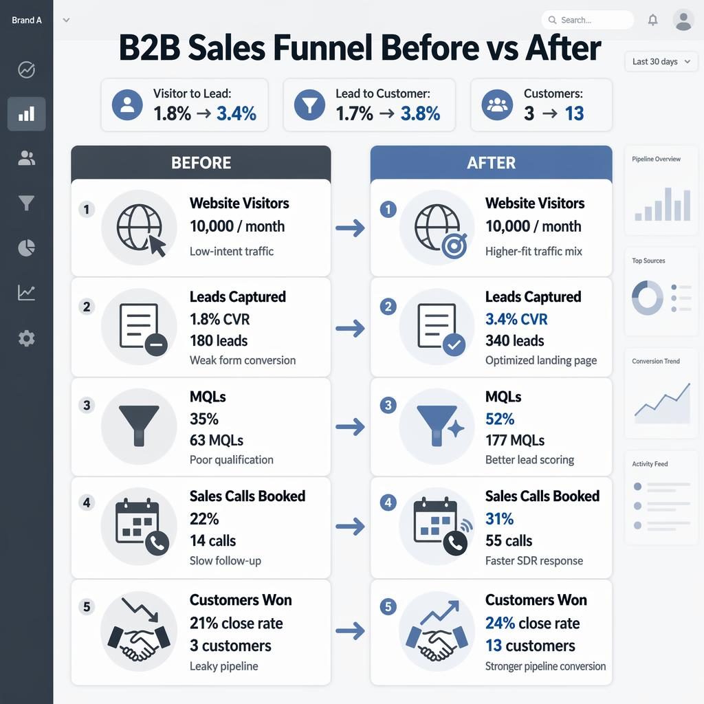 Split infographic comparing a B2B sales funnel before vs after with 5 stacked stages, metrics, icons, arrows, and summary chips.