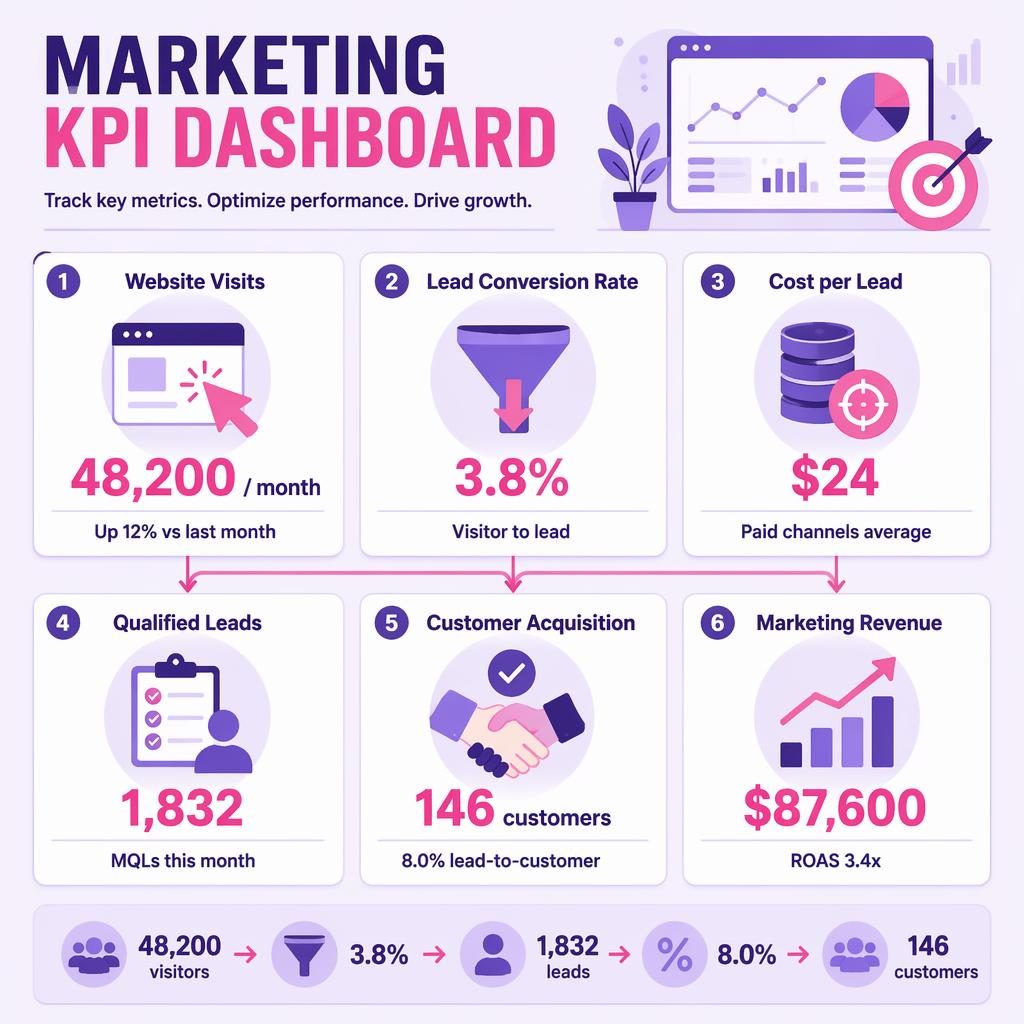 Marketing KPI dashboard infographic with 6 metric cards, flow arrows, purple-pink palette, and conversion funnel metrics.