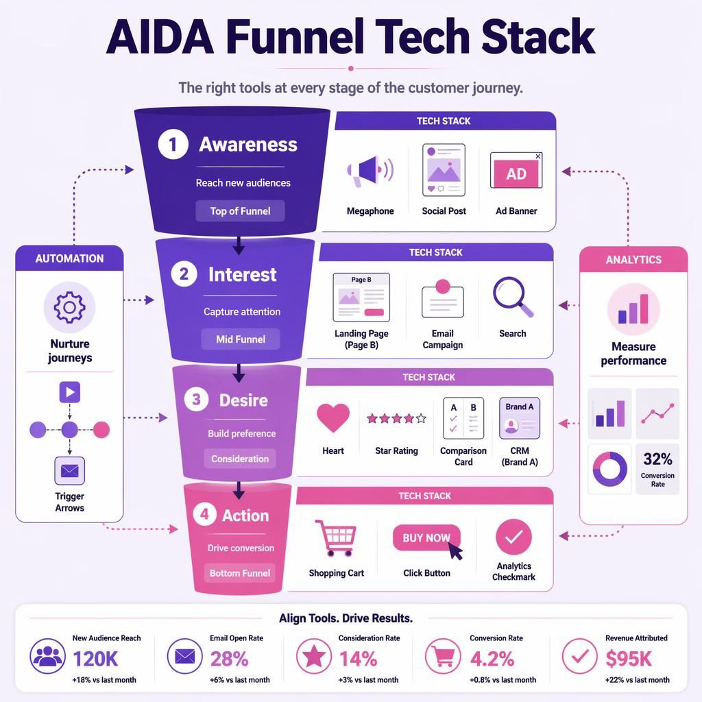 Infographie verticale de tableau de bord marketing AIDA avec 4 étapes du funnel, blocs tech latéraux et flèches fines.