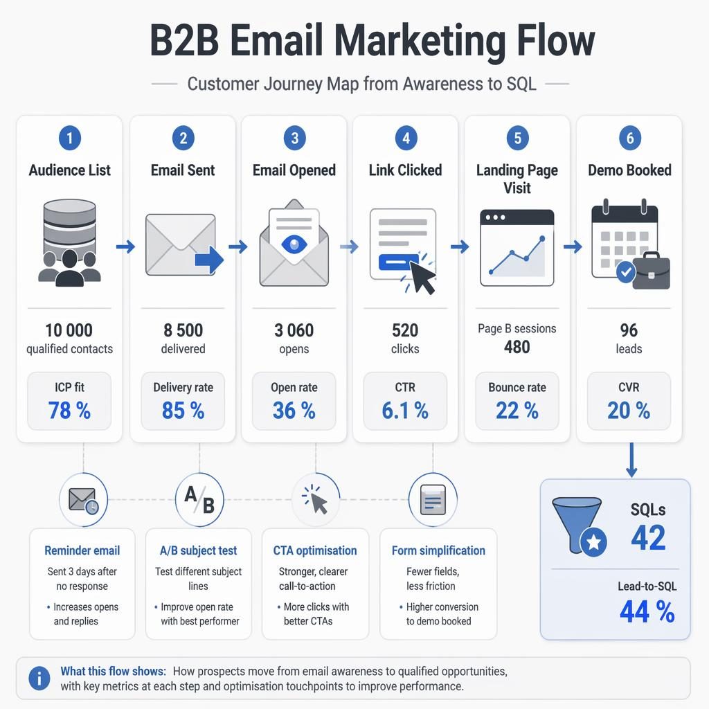 Horizontal B2B email marketing journey infographic with 6 stages, arrows, metrics, icons, and final SQL badge in soft UI style.