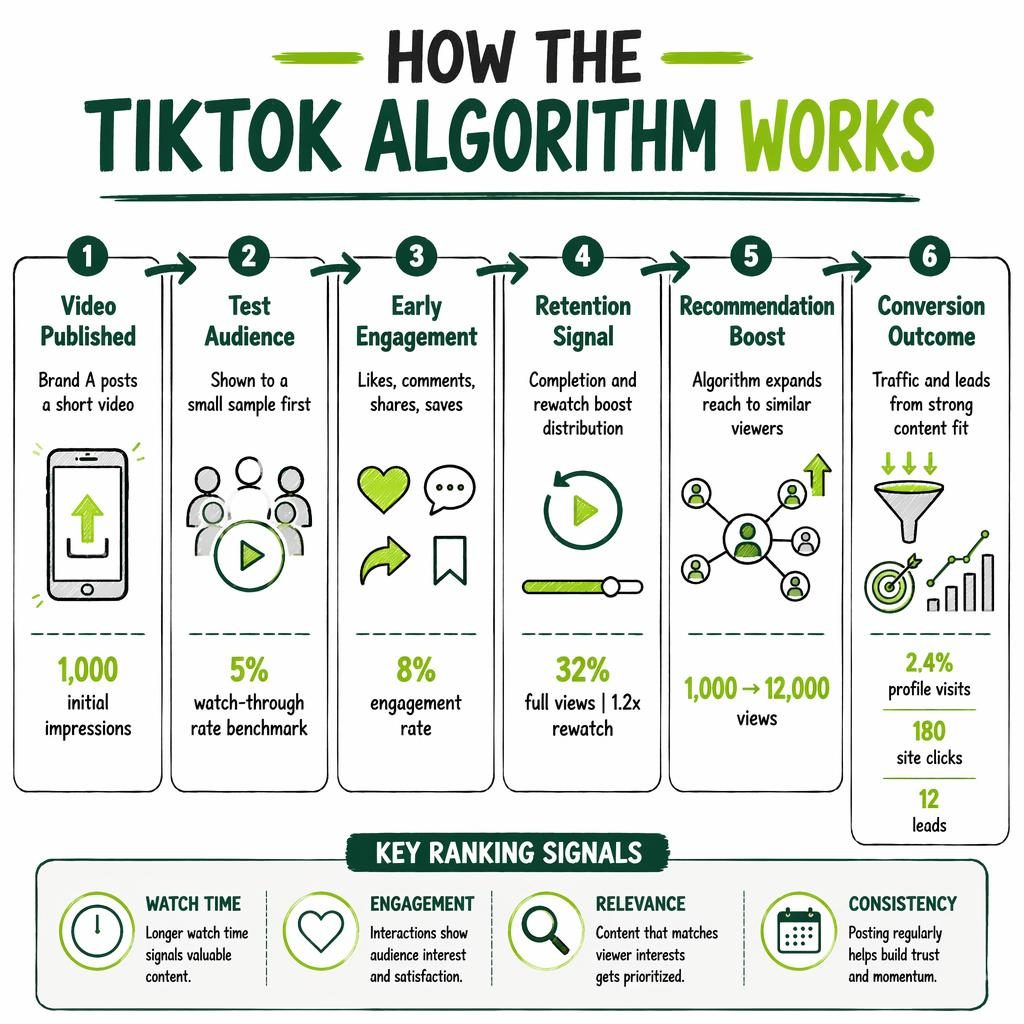 Whiteboard-style horizontal infographic showing 6 TikTok algorithm journey stages with metrics, icons, arrows, and key ranking signals.