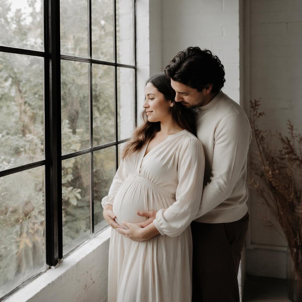 Pregnant mother with partner in a minimalist white loft, soft editorial maternity portrait with moody dramatic lighting