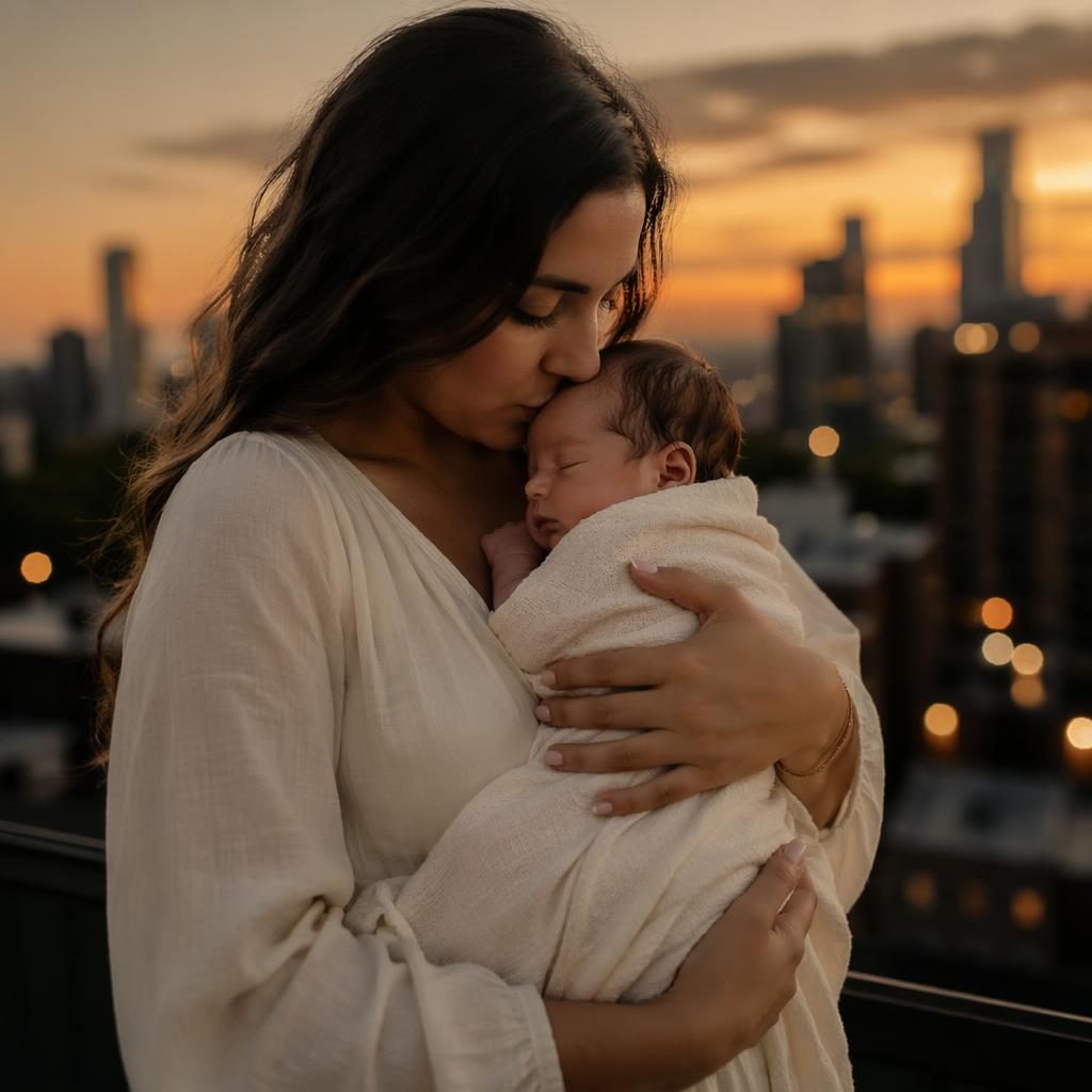 Mother with older child in a moody editorial maternity portrait against a rooftop city skyline at dusk, lit with warm golden light.