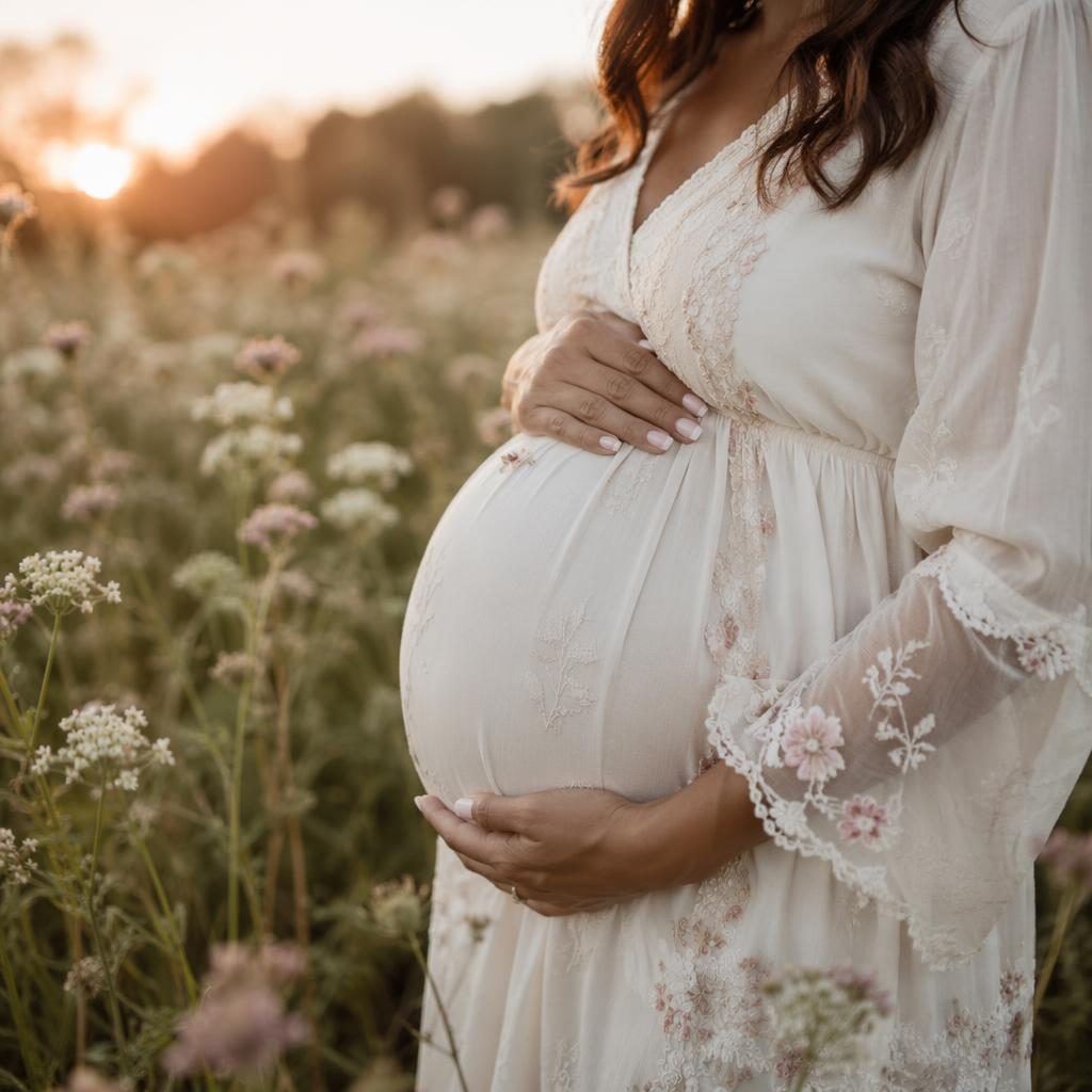 Gros plan sur un ventre de femme enceinte en extérieur, dans une prairie fleurie aux tons pastel et feuillage d’automne
