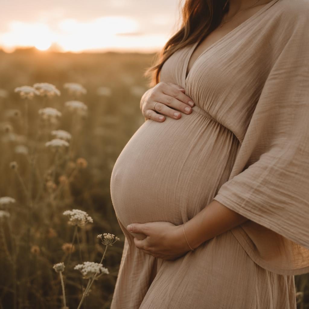 Gros plan du ventre d’une femme enceinte dans un pré de fleurs sauvages à l’heure dorée, tons terreux et style éditorial.