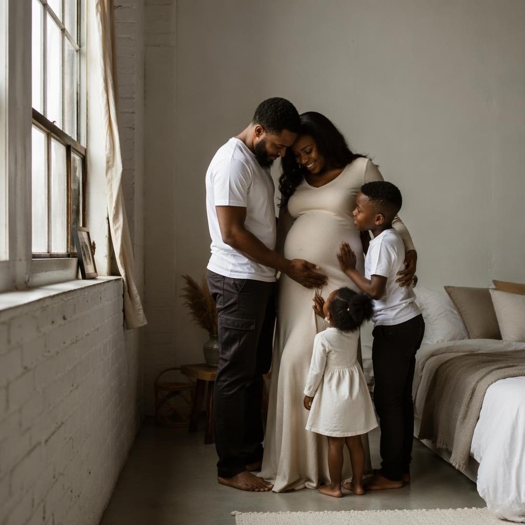 Editorial maternity family portrait in a minimalist white loft bedroom with dramatic film-style lighting and natural emotion.