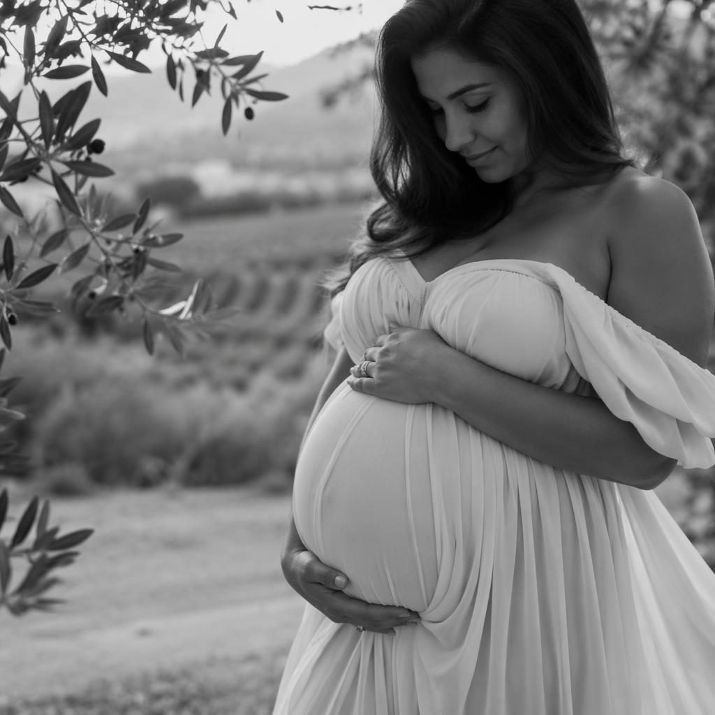 Primer plano del vientre de una mujer embarazada en jardín botánico, estilo editorial en blanco y negro