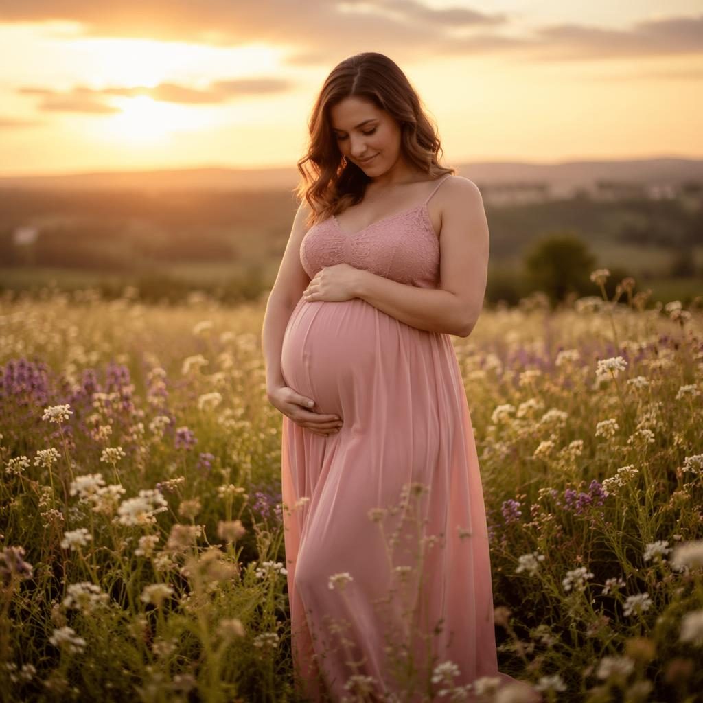 Silhouette d’une future maman seule dans un champ de fleurs sauvages, lumière chaude crème et rose, style éditorial.