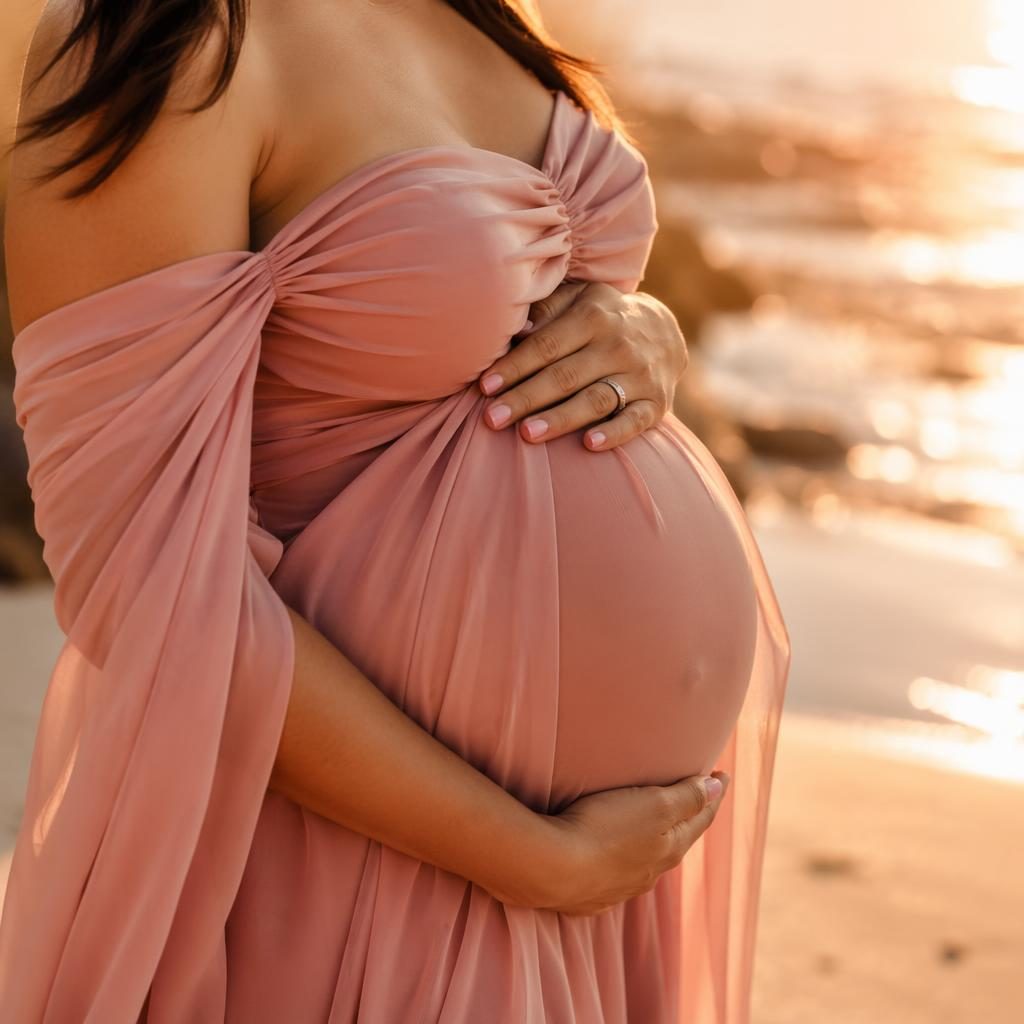 Primer plano del vientre de una embarazada en la playa al atardecer, con luz dorada y tonos crema y rosa.