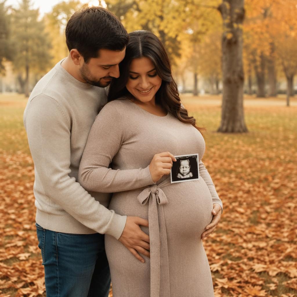 Mujer embarazada con su pareja entre hojas de otoño en un parque, retrato editorial suave en tonos pastel