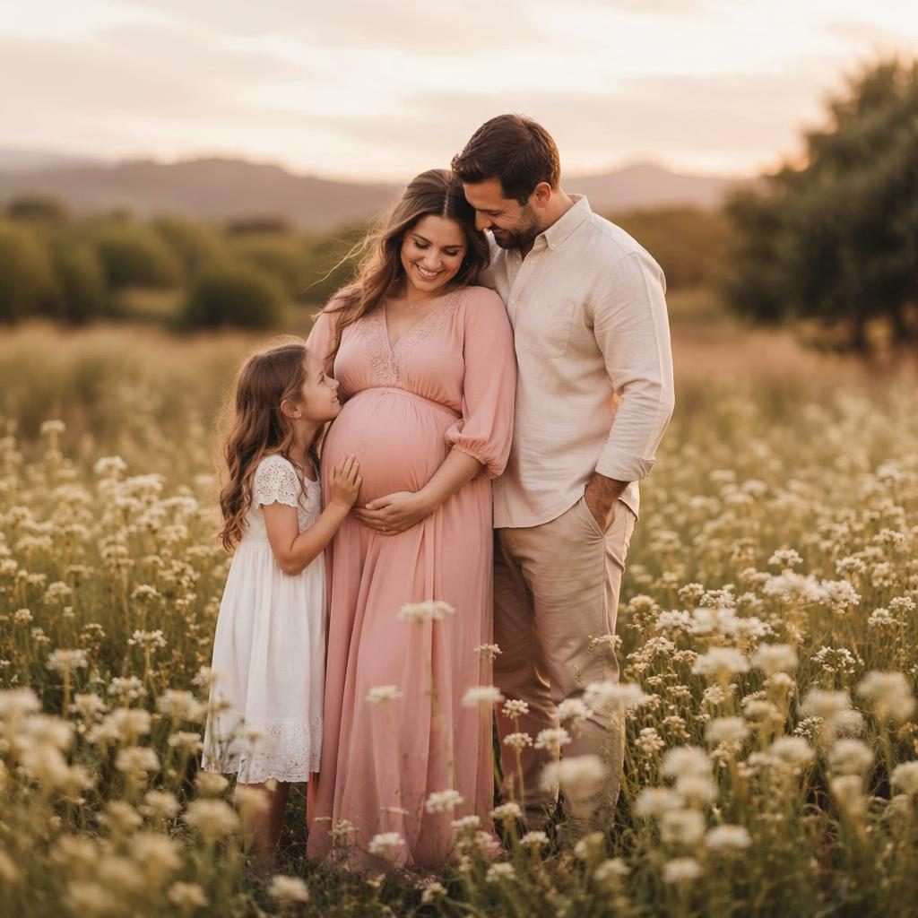 Photo de maternité éditoriale montrant une famille entière dans un pré fleuri au coucher du soleil, tons crème et rose.
