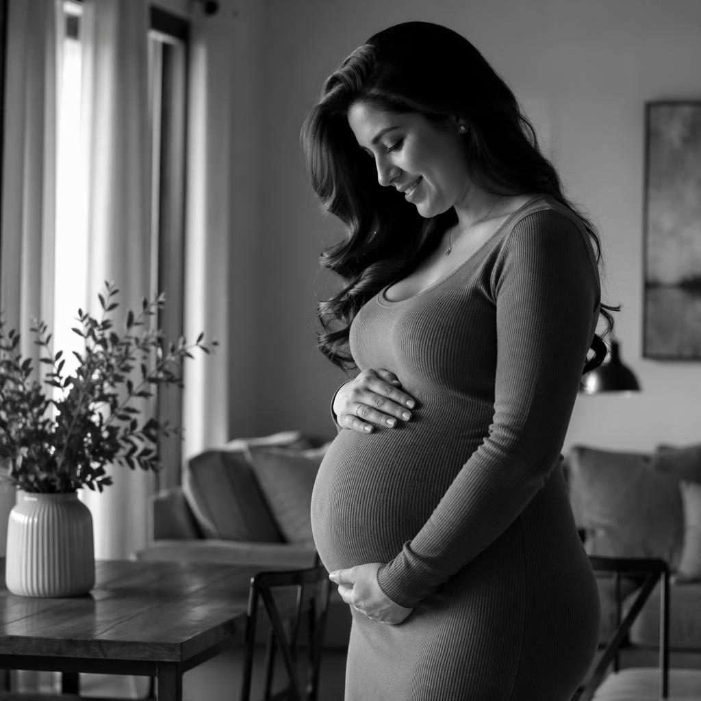 Silueta de mujer embarazada sola en casa moderna, luz suave de ventana y estilo editorial en blanco y negro.