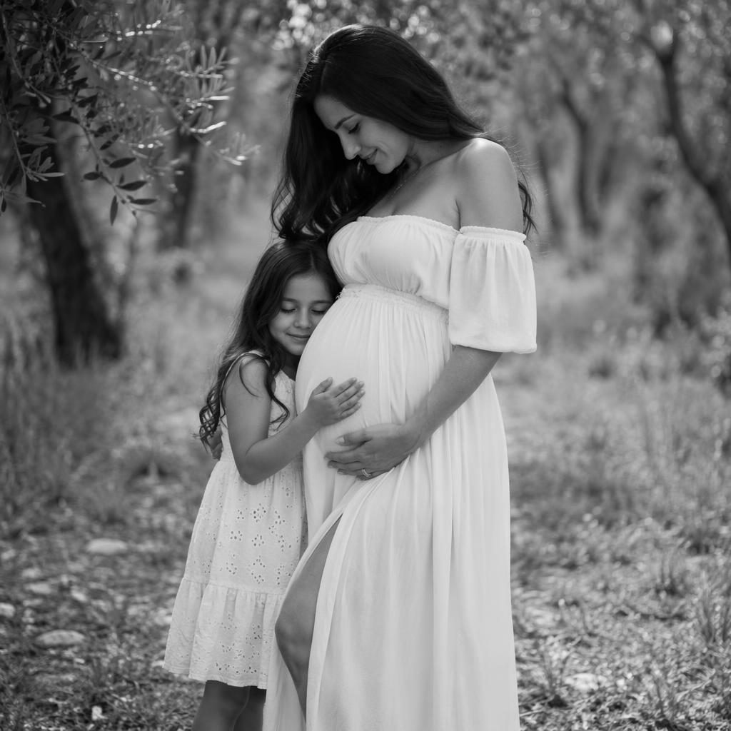 Madre embarazada con su hijo mayor en un dormitorio acogedor, retrato editorial en blanco y negro con luz suave.