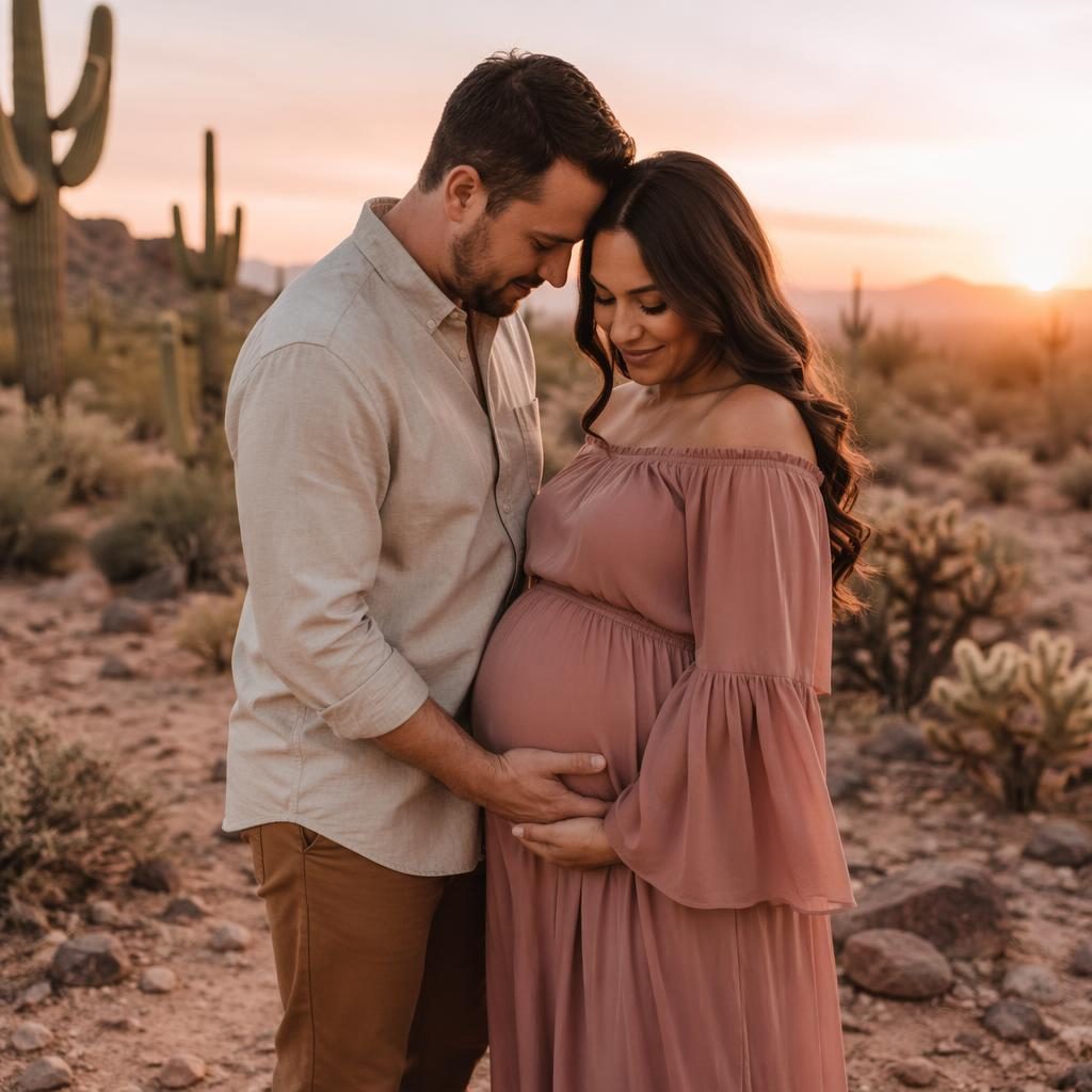 Silhouetted pregnant mother standing alone in a warm desert sunset with soft cream and rose tones, editorial style