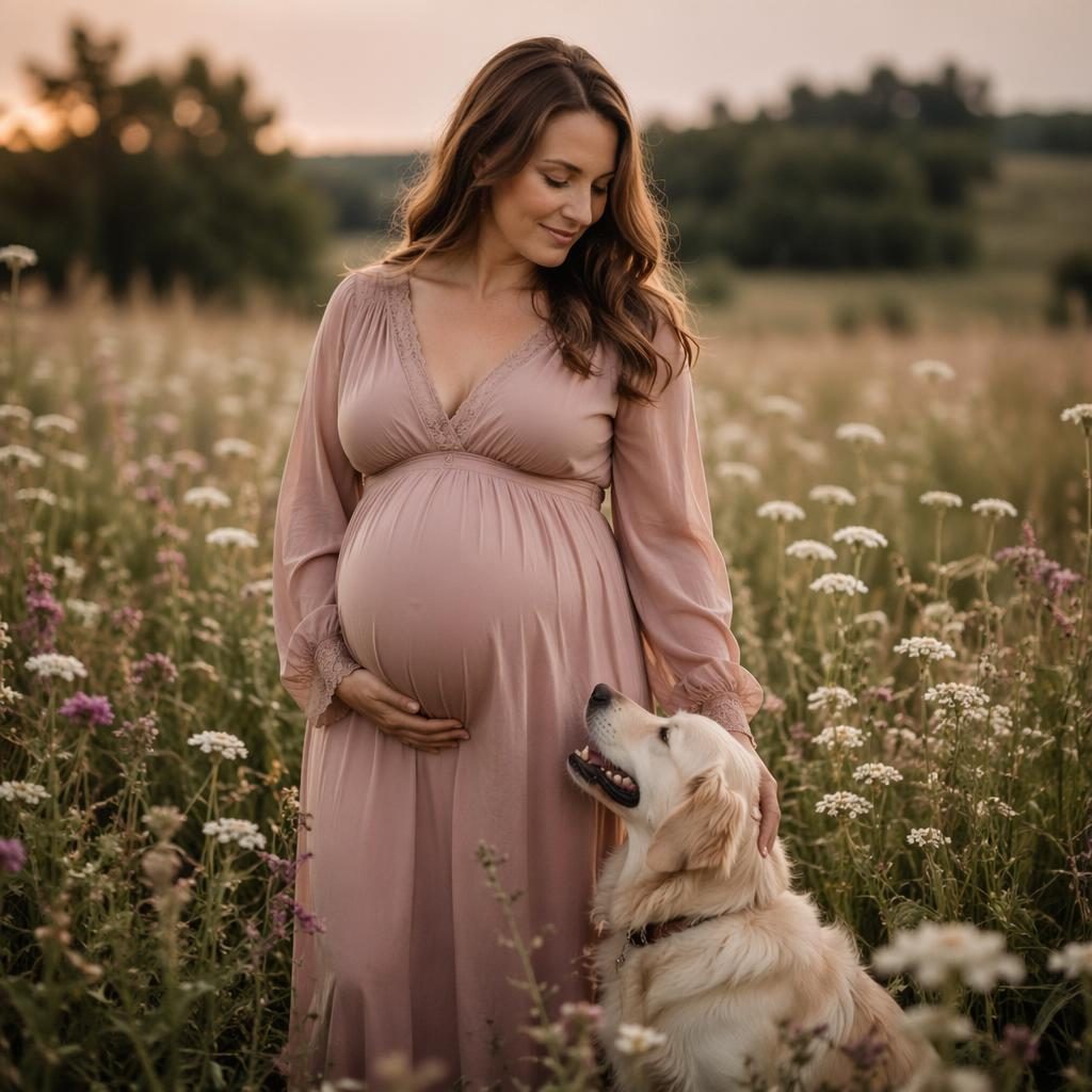 Schwangere Mutter mit Hund in einem Wildblumenfeld, warmes Licht, creme- und rosafarbene Töne, natürliche Emotion