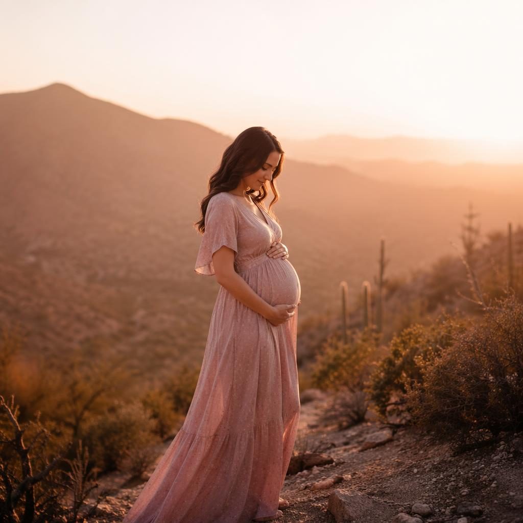 Silueta de una madre embarazada sola en exterior, con luz suave editorial y tonos crema y rosa al atardecer