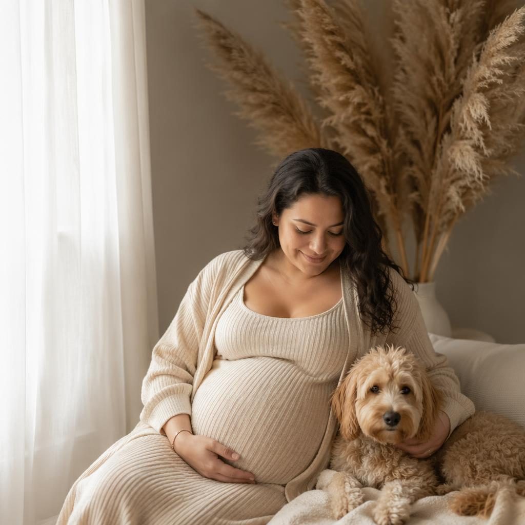 Futura mamá con su mascota en un estudio con luz suave, estilo editorial minimalista en tonos tierra empolvados.