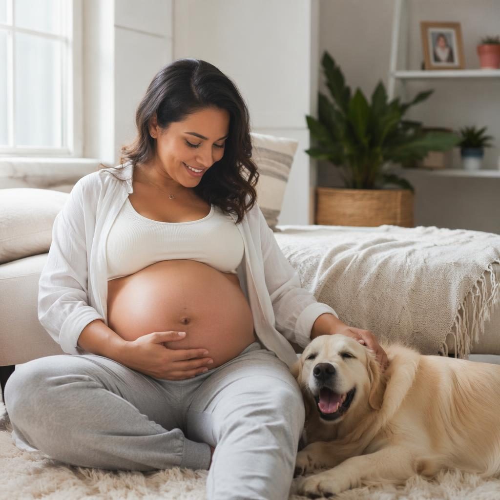 Mujer embarazada en una casa moderna con luz de ventana suave, posando junto a su mascota en estilo editorial