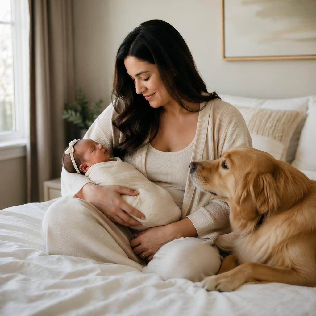 Pregnant mother with a pet in a modern home, lit by soft window light in a pastel editorial maternity portrait.